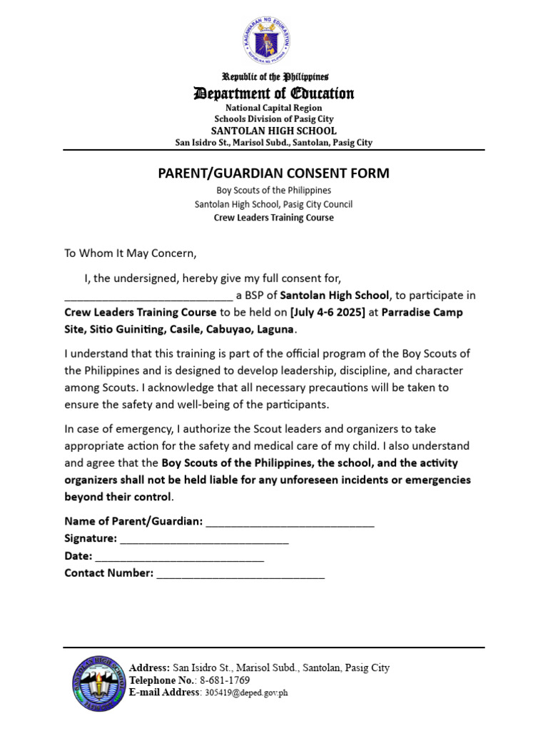 Parent Consent for Scout Training | PDF