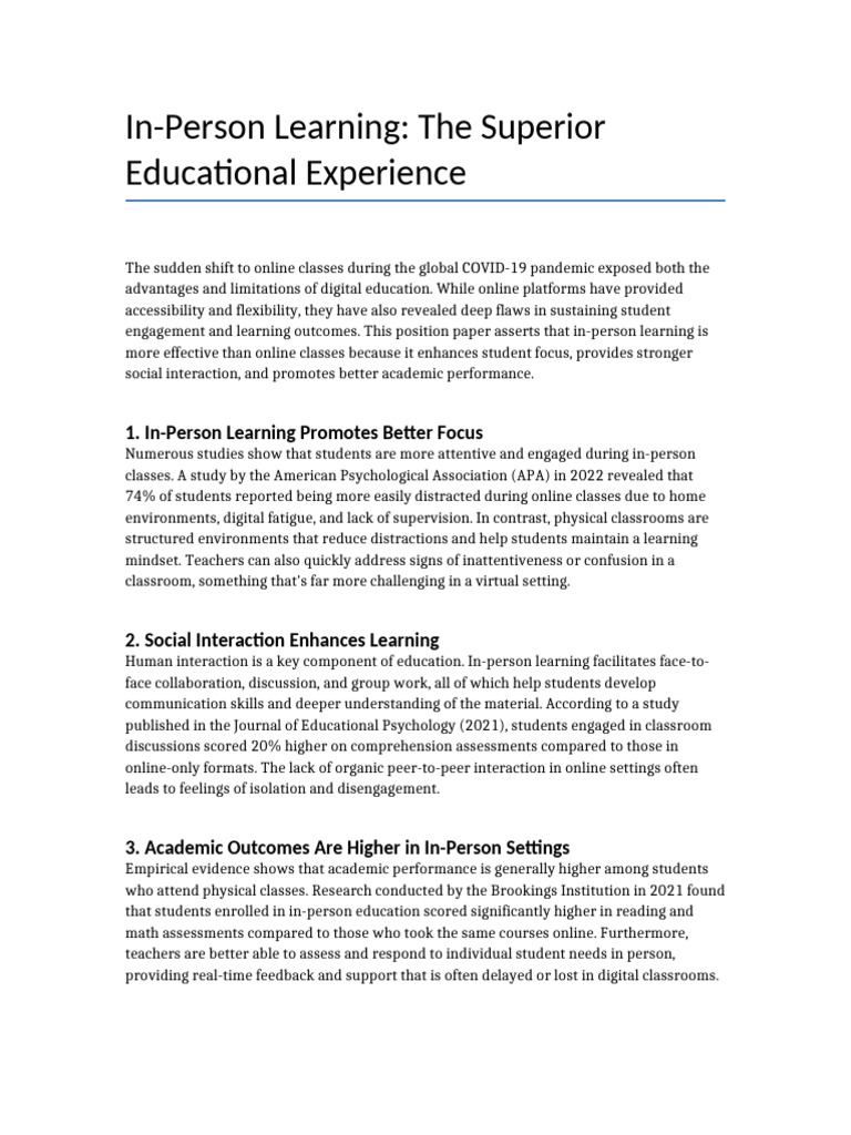 In-Person Learning: A Superior Approach | PDF | Learning | Behavior ...