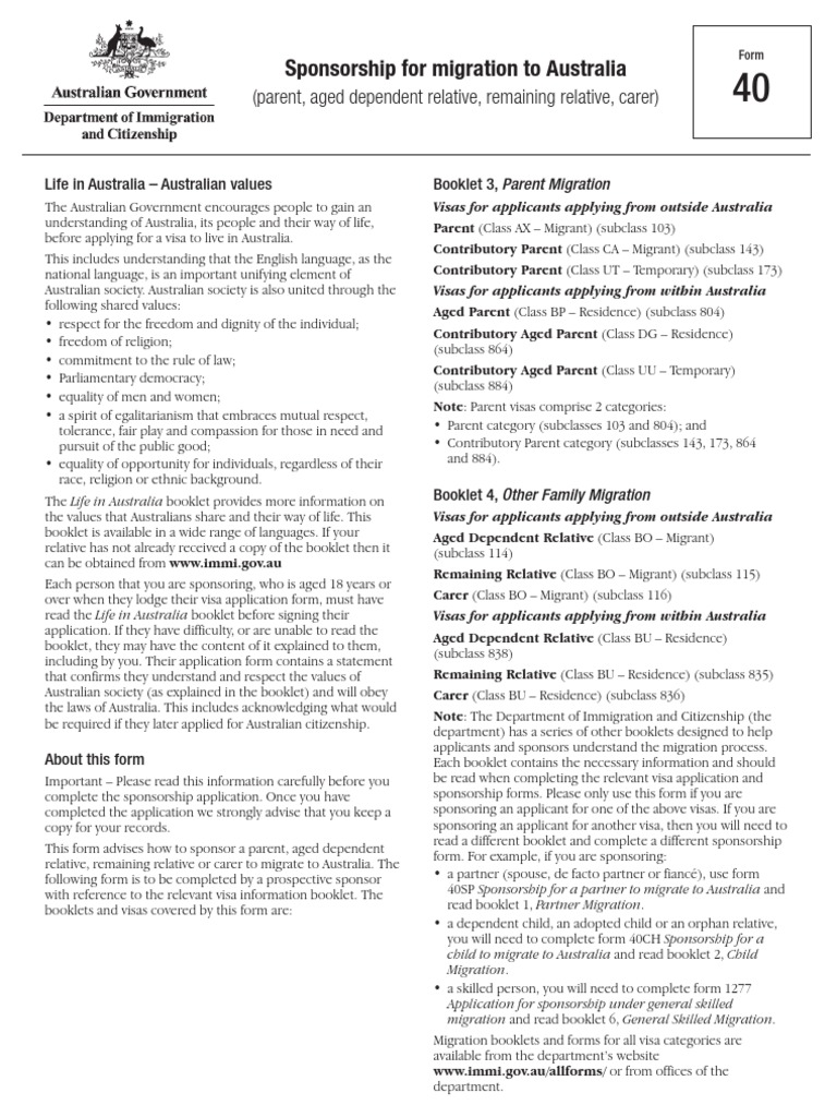Sponsorship For Migration To Australia: (Parent, Aged Dependent ...