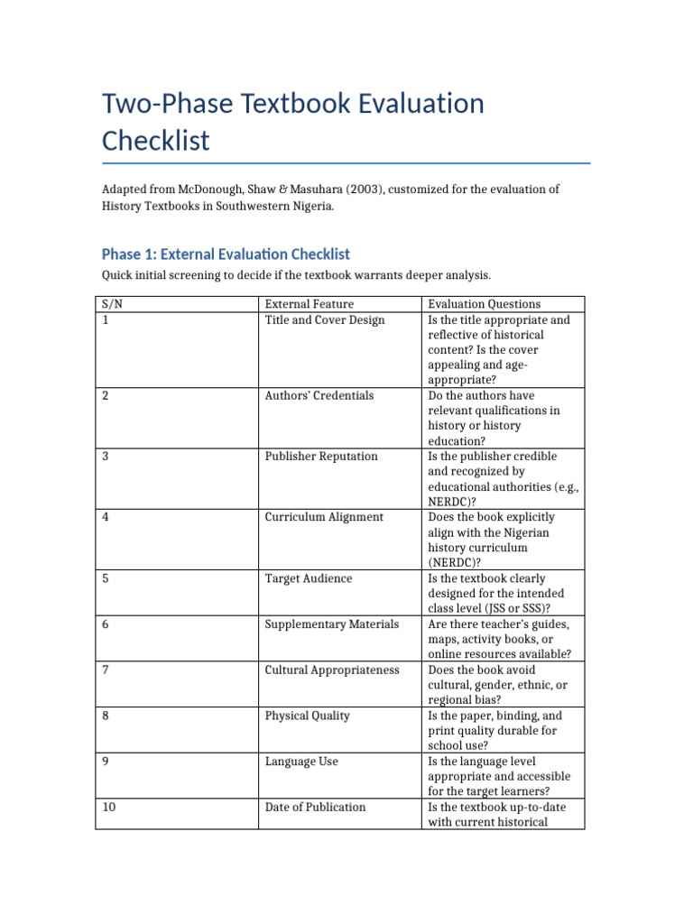 History Textbook Evaluation Checklist | PDF | Critical Thinking | Cognition