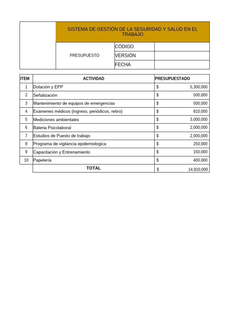 Presupuesto de Seguridad y Salud Laboral | PDF | Cuidado de la salud ...