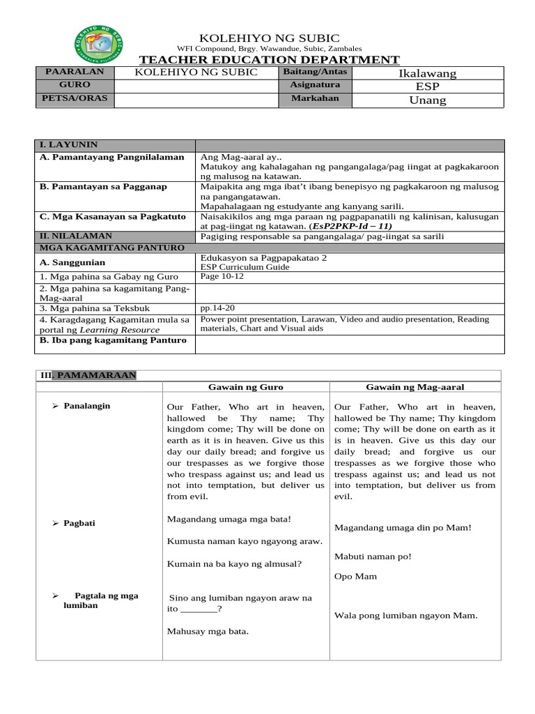 ESP Lesson Plan | PDF