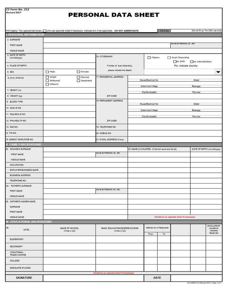 Personal Data Sheet (PDS) Template | PDF