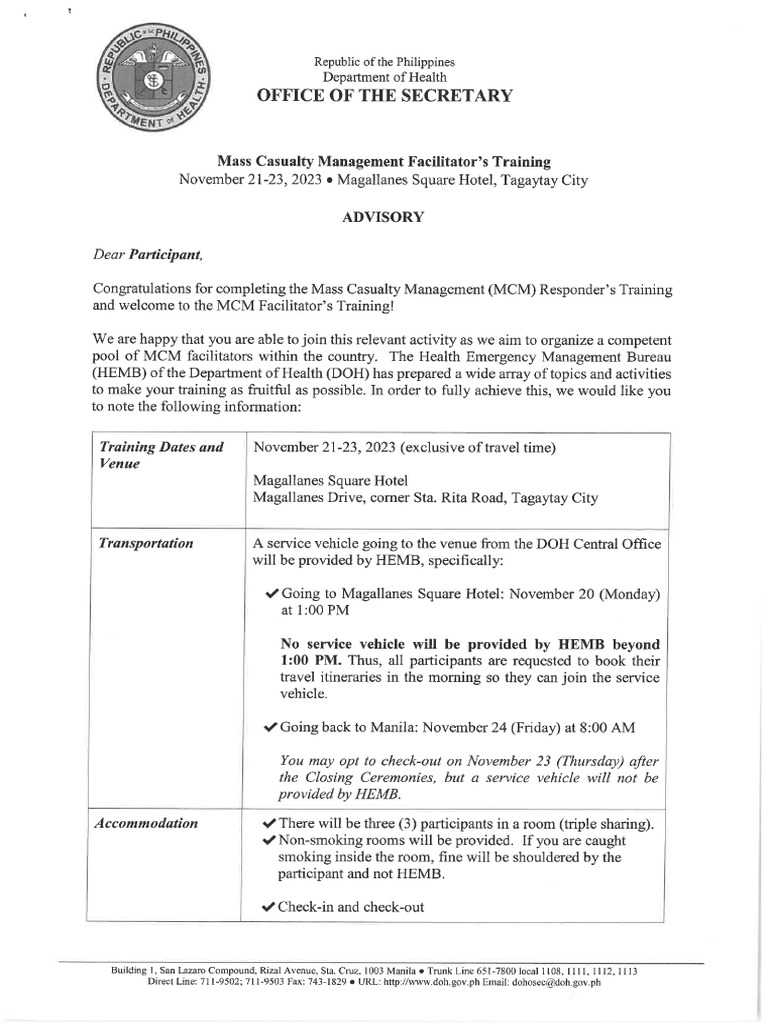 (Training Advisory For Participants) MCM Facilitators Training - Batch ...