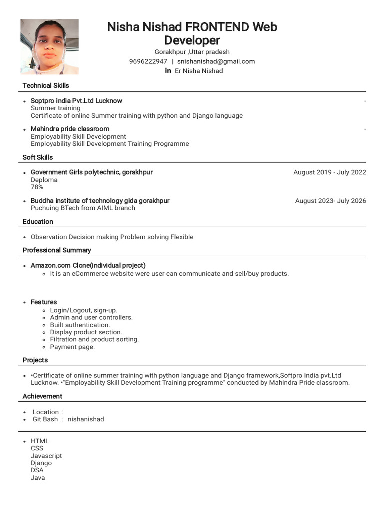 Nisha Nishad: Frontend Developer Profile | PDF