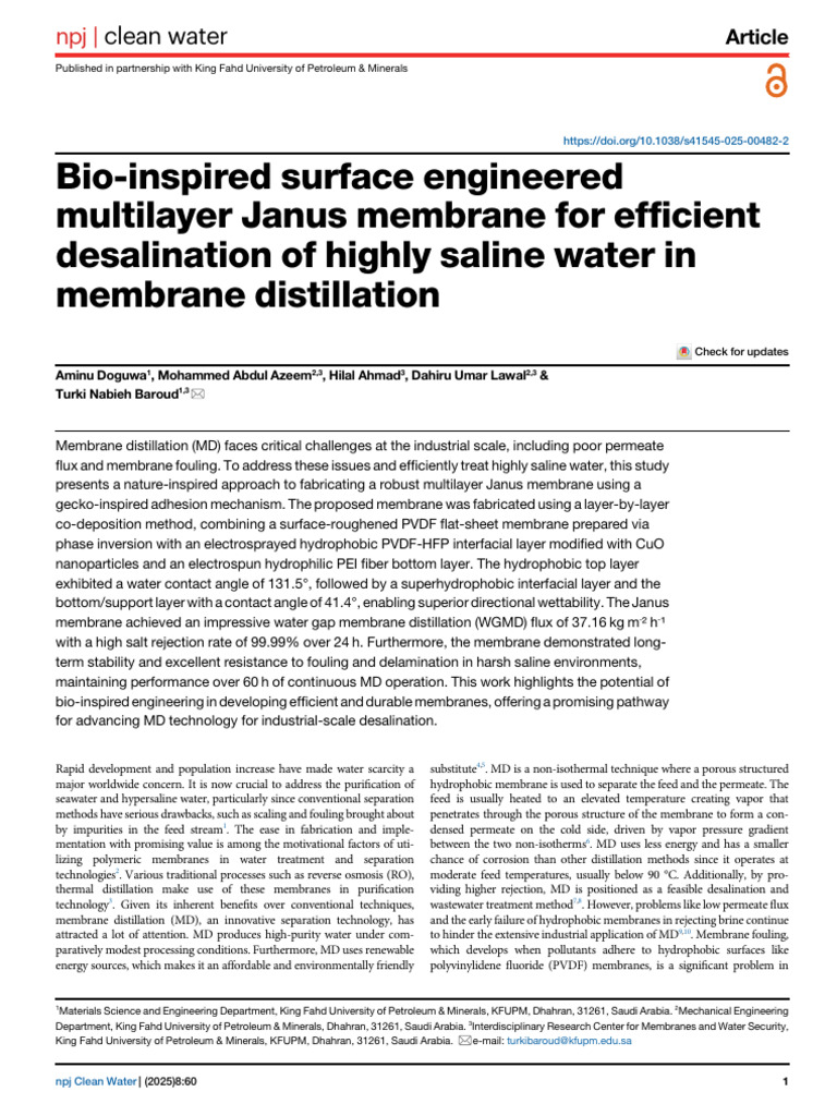 Bio-Inspired Surface Engineered Multilayer Janus Membrane For Ef Cient ...