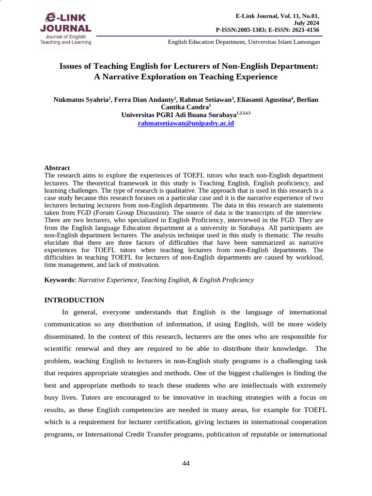 Issues of Teaching English For Lecturers of Non-English Department: A ...