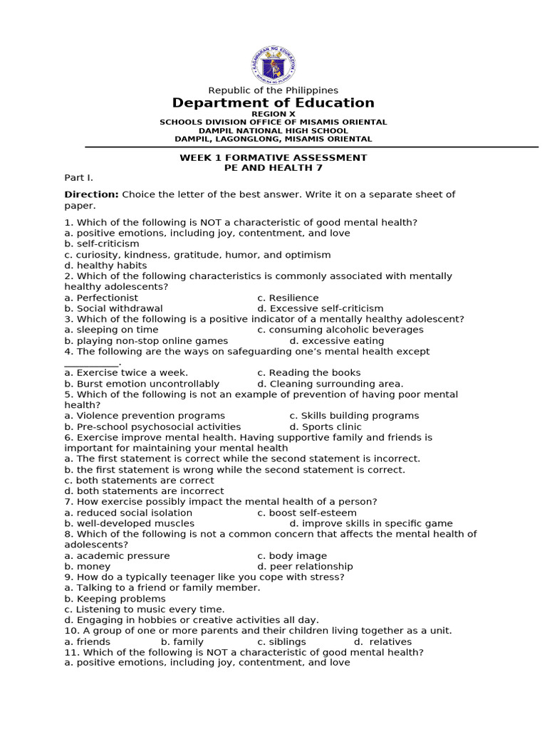 Week 1 Formative Assessment | PDF | Mental Health | Adolescence
