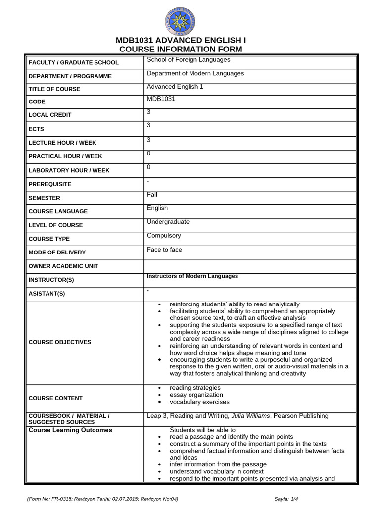 Mdb1031 Advanced English I Course Information Form | PDF | Information ...