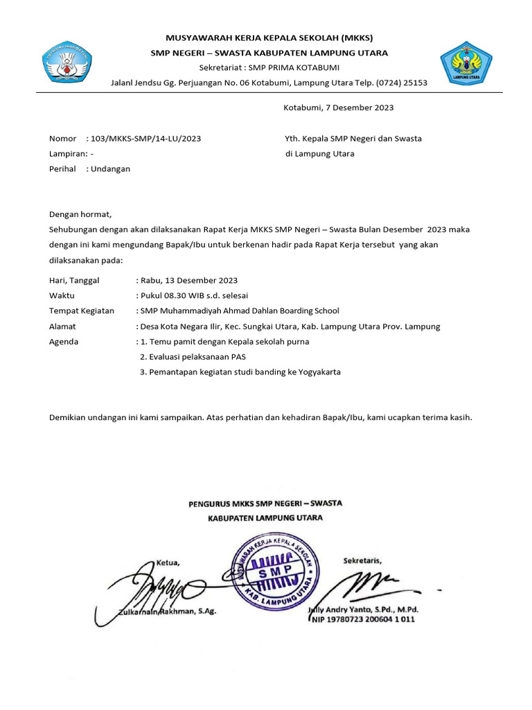 Undangan Raker MKKS SMP Lampung Utara | PDF