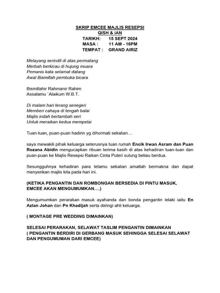 Skrip Emcee Majlis Perkahwinan Qish & Ian | PDF