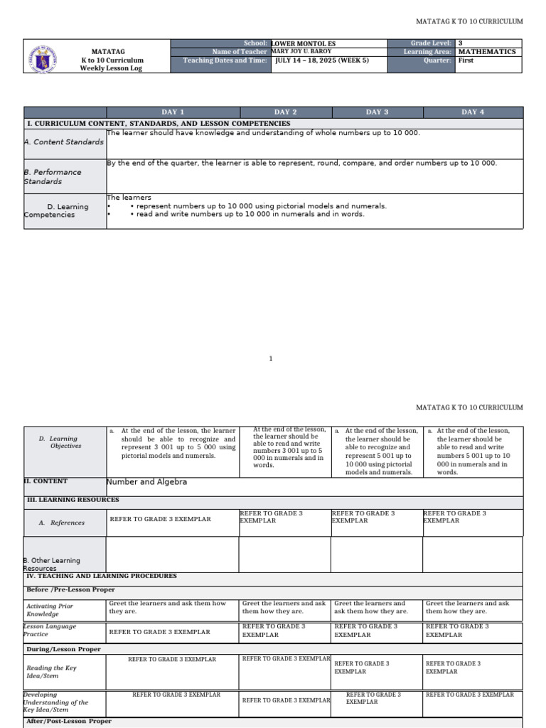 Grade 3 Math Weekly Lesson Plan | PDF | Curriculum | Learning