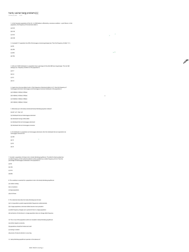 Hardy Weiner Berg Problems 1 | PDF | Zygosity | Allele