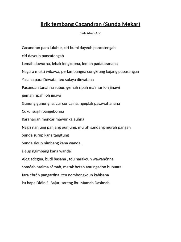Lirik Tembang Cacandran Sunda Mekar | PDF