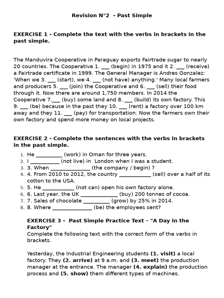 Past Simple Revision N 2 PDF Fair Trade