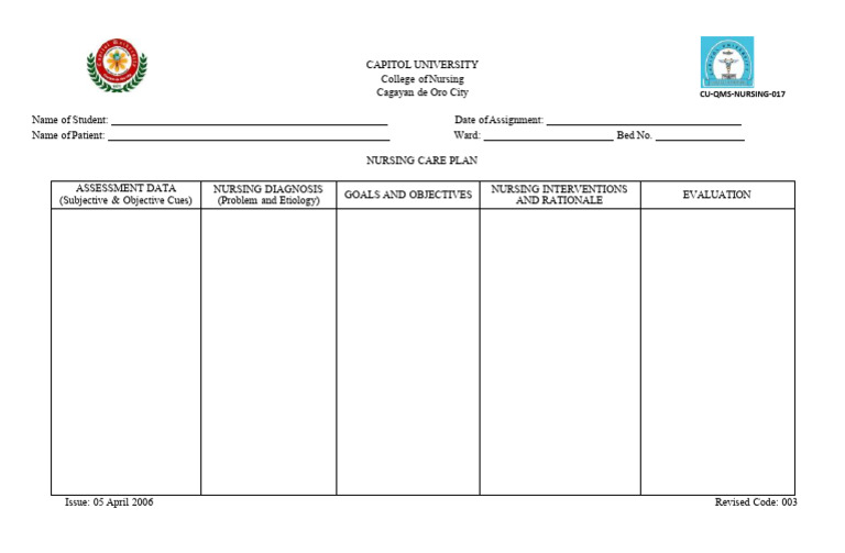 NCP Template for Nursing Students | PDF