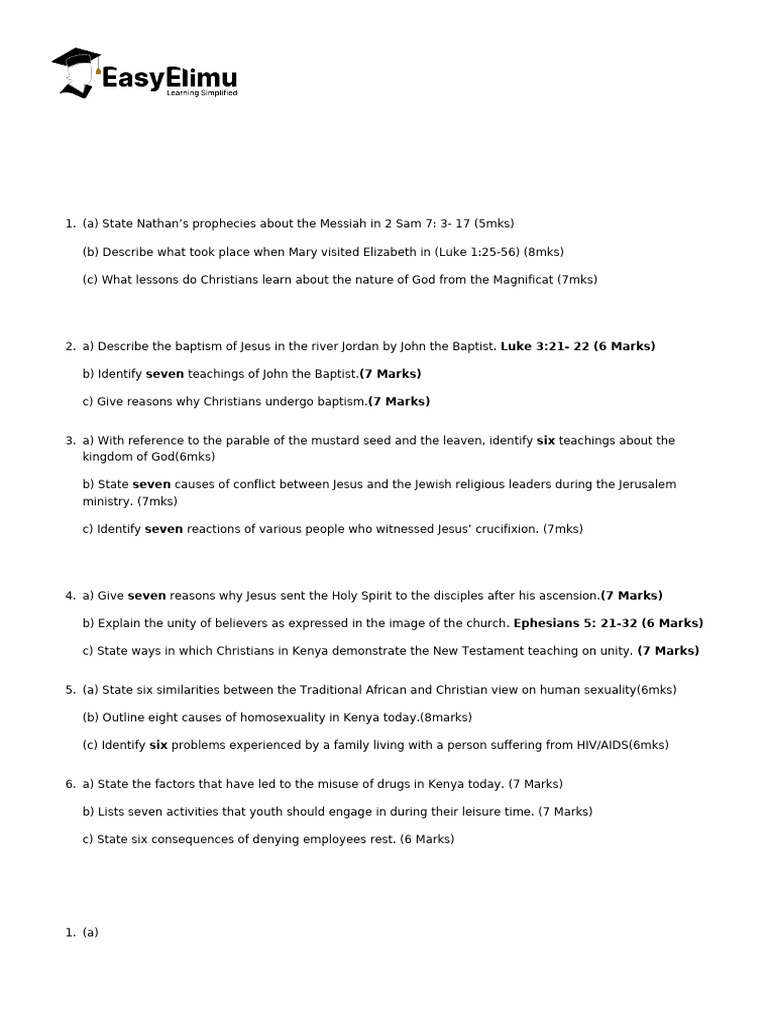 CRE Paper 2 Mock Exam 2025 | PDF | Jesus | Baptism