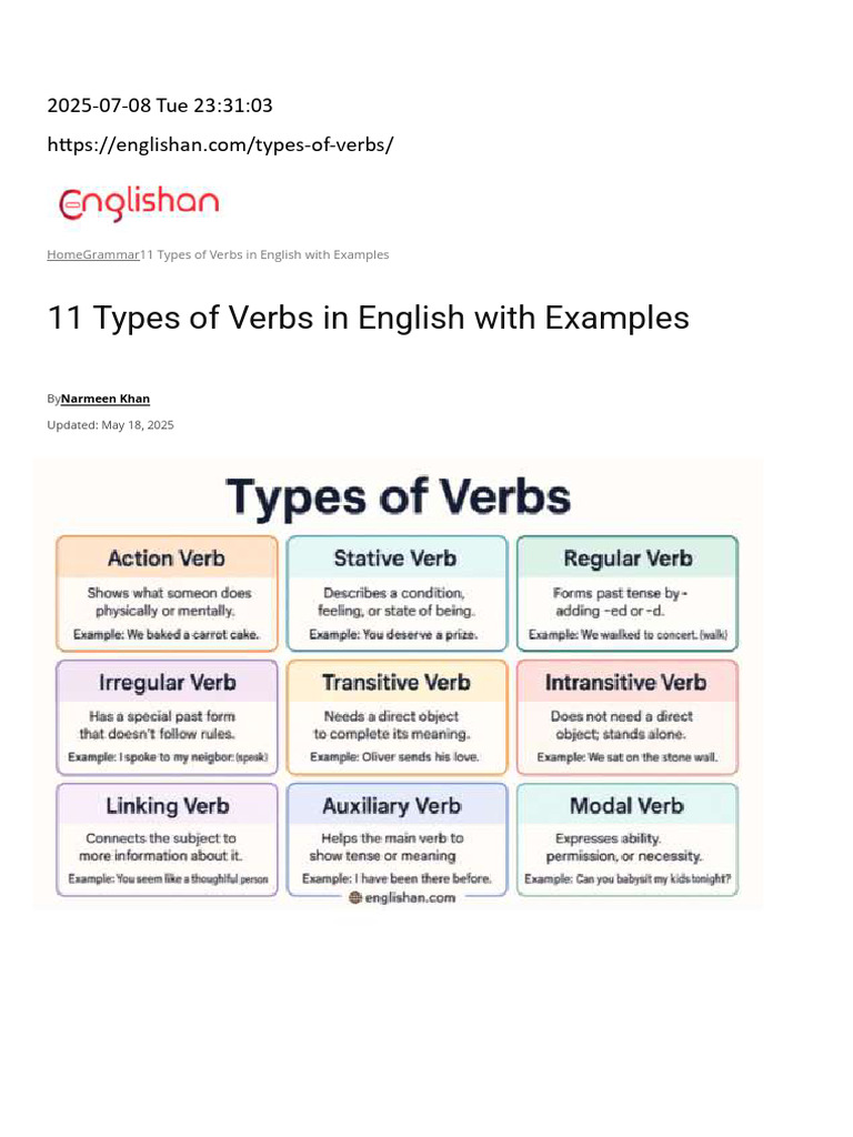 11 Types of Verbs Explained | PDF | Verb | Grammatical Tense