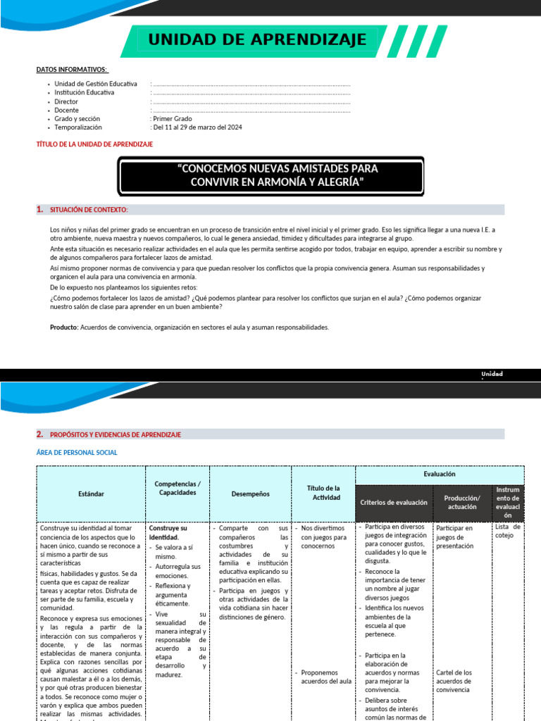 Unidad de Aprendizaje 01 (1º Prim) | PDF | Evaluación | Salón de clases