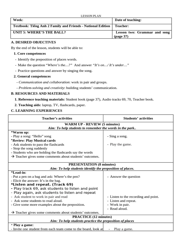 Lesson Plan: Prepositions in English | PDF | Cognition | Human ...