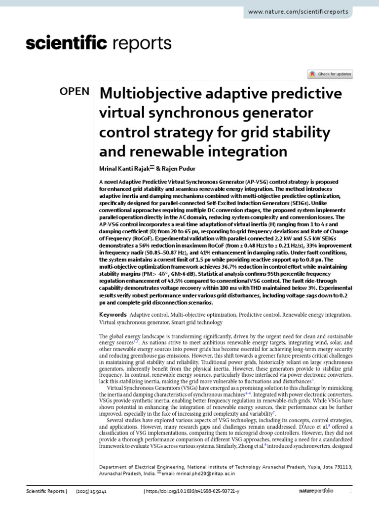Adaptive Control for Virtual Synchronous Generators | PDF | Electrical ...
