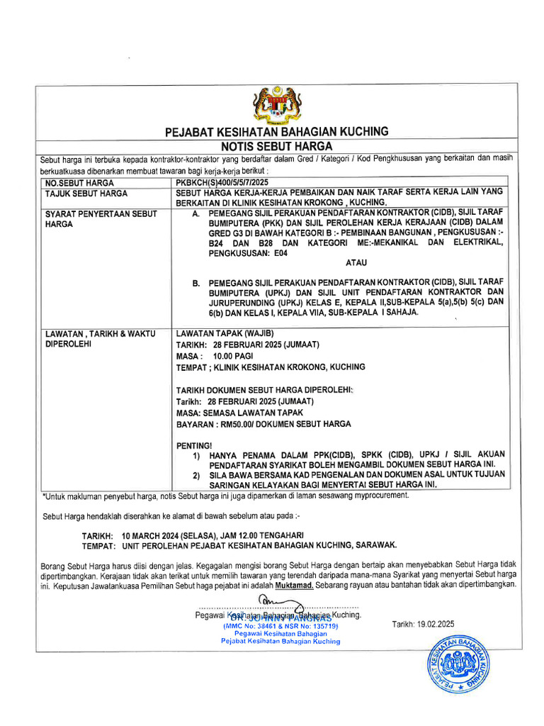 Sebut Harga Klinik Kesihatan Krokong | PDF