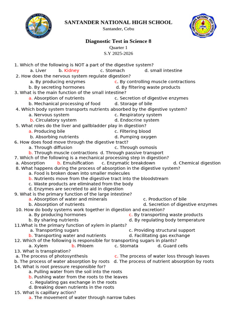 Science 8 Diagnostic Test Questions | PDF | Dominance (Genetics ...