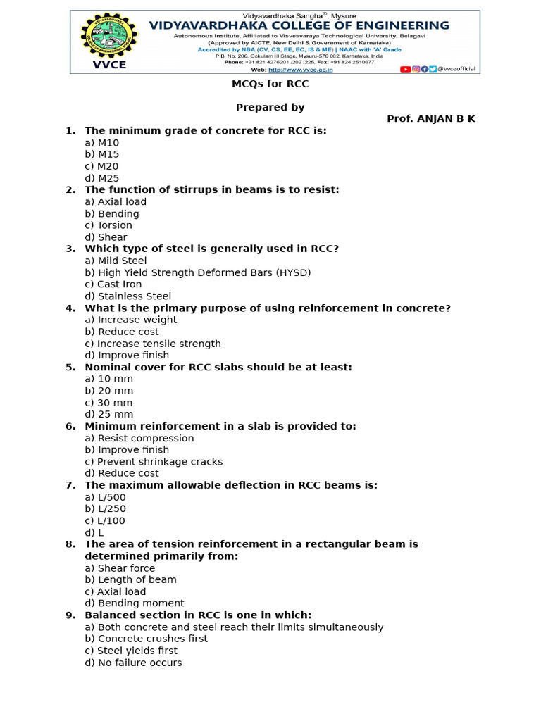 RCC MCQs for Civil Engineering | PDF | Beam (Structure) | Bending