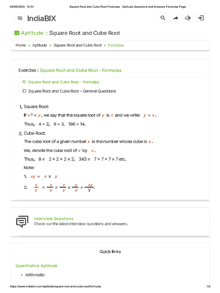 Square Root and Cube Root Formulas - AP.. | PDF