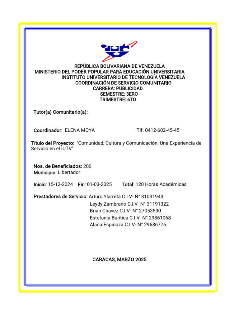 Proyecto de Servicio Comunitario IUTV | PDF | Enseñando | Comunidad