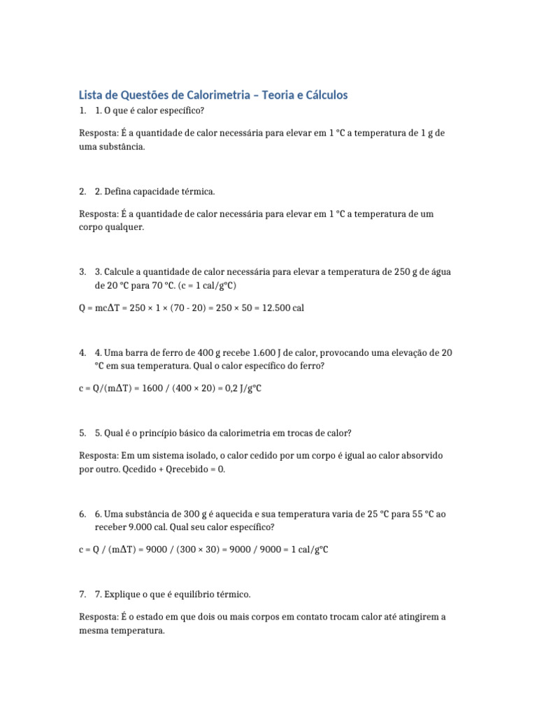 Questões de Calorimetria: Teoria e Cálculos | PDF