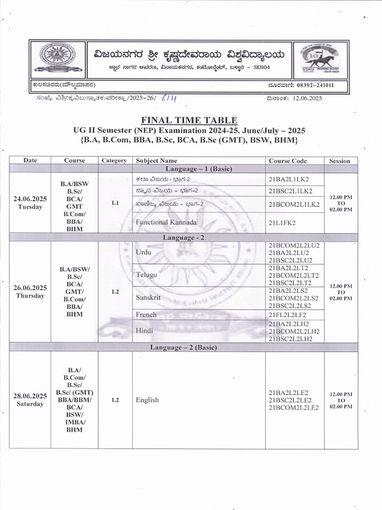 UG II Semester Final Exam Timetable 2025 | PDF | Languages Of India ...