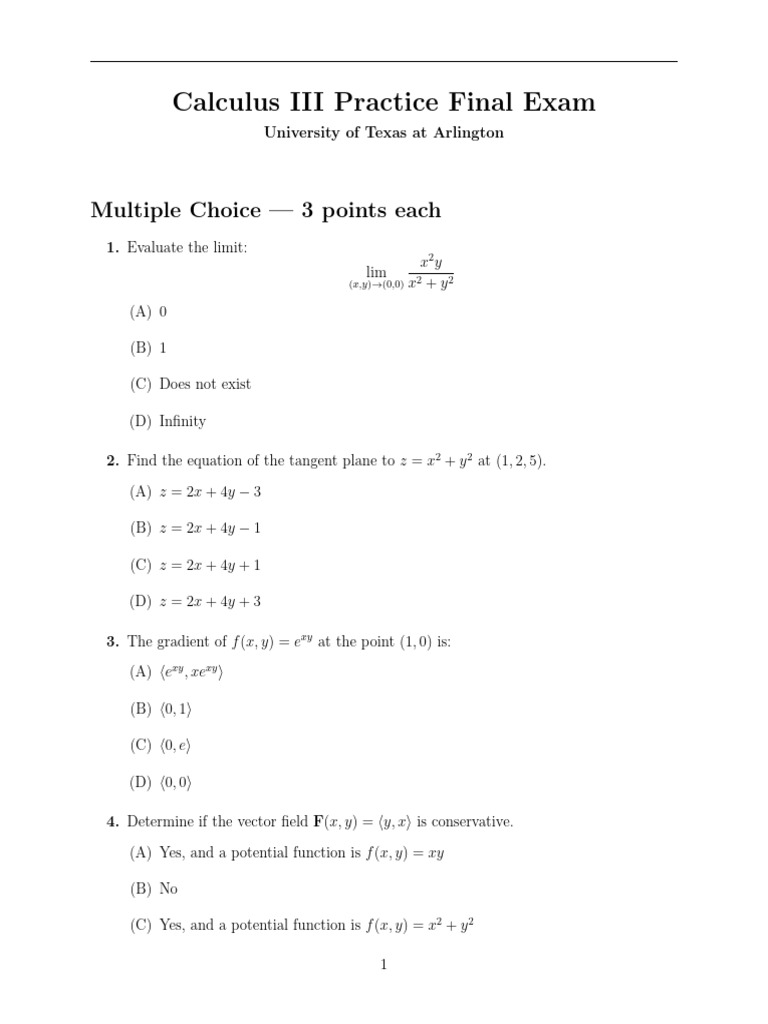 CalcIII FinalExam ThirdVersion | PDF | Mathematical Analysis | Calculus