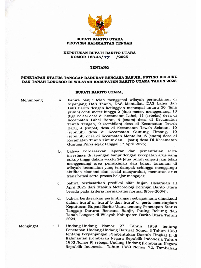 SK Penetapan Status Tanggap Darurat Bencana Banjir | PDF