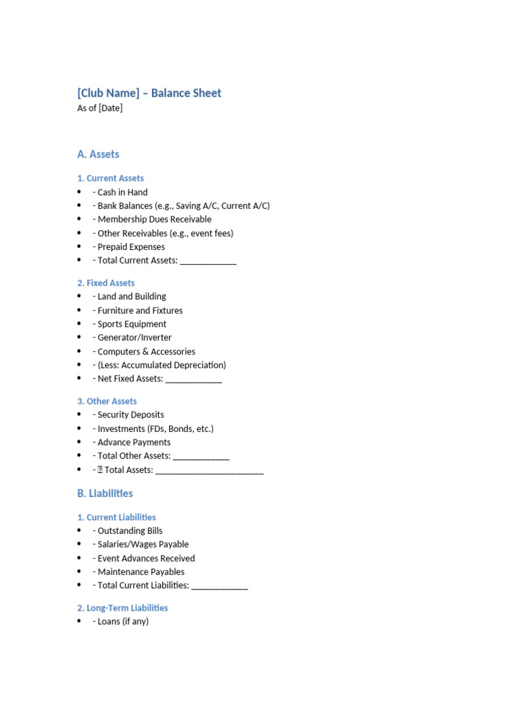 Club Balance Sheet Overview | PDF