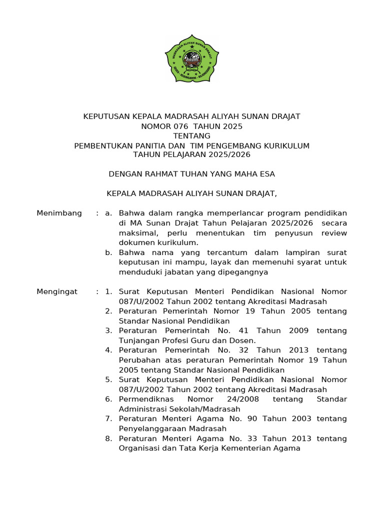 SK Tim Pengembang Kurikulum MA Sunan Drajat 2025 2026 PDF 1