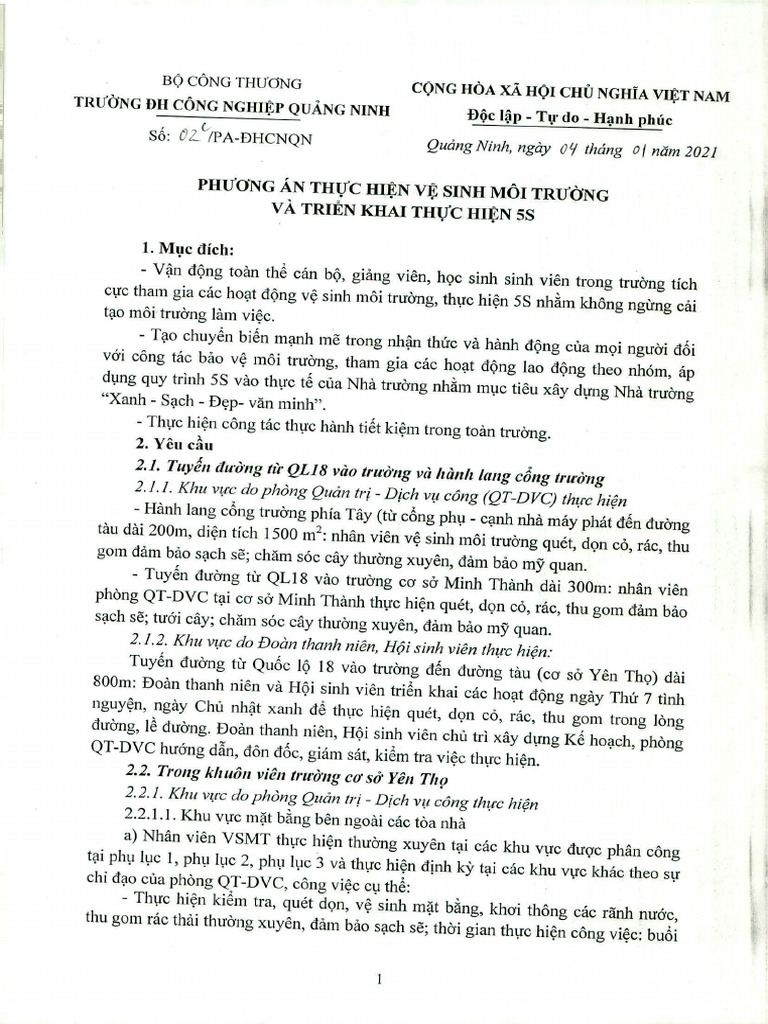 Phuong An Thuc Hien Ve Sinh Moi Truong Va Trien Khai Thuc Hien 5s | PDF