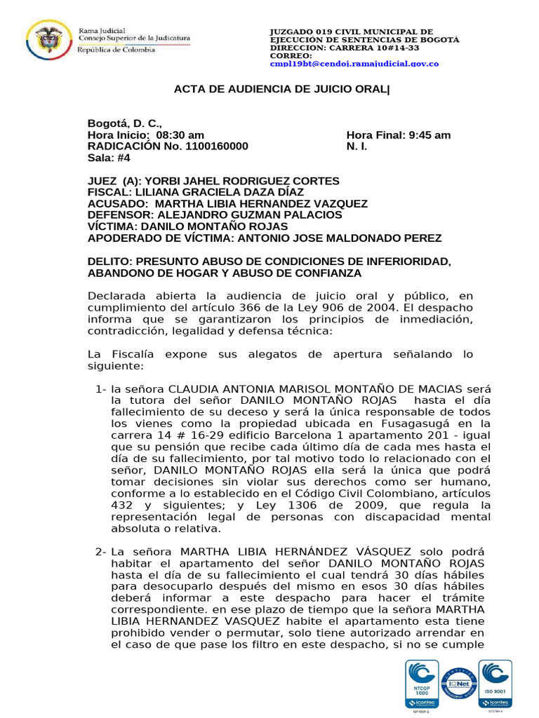 Acta de Juicio Oral en Bogotá 2025 | PDF | Justicia | Crimen y violencia