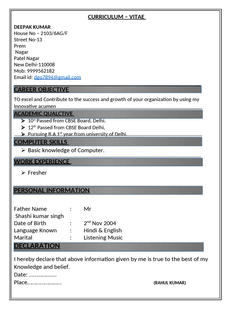 Deepak Kumar's CV and Career Objective | PDF
