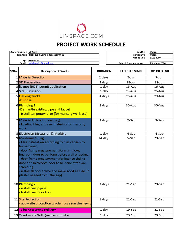 151rivervale Schedule-1 (1) - Weekly Work Schedule | PDF | Masonry | Shower