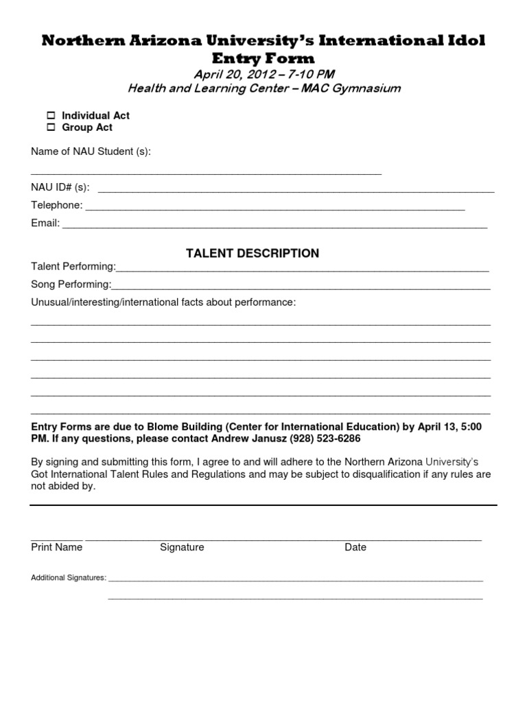 NAU International Idol Entry Form | PDF