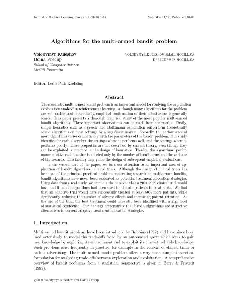 Algorithms For The Multi-Armed Bandit Problem: Volodymyr Kuleshov Doina ...