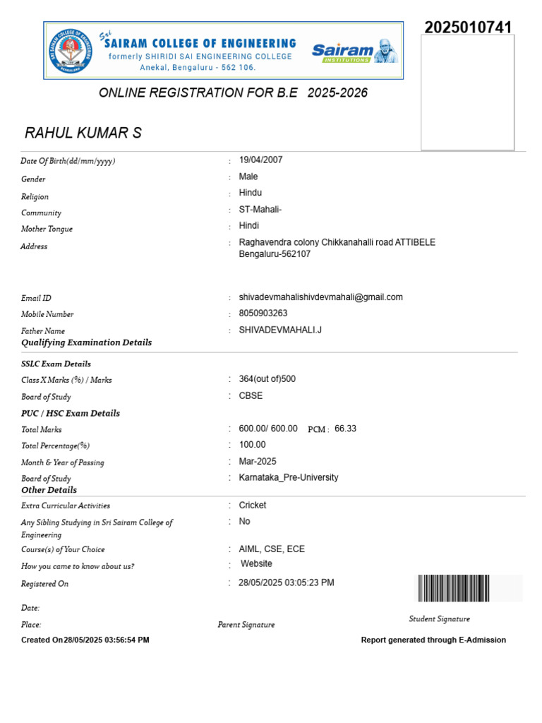 B.E Online Registration Form 2025-2026 | PDF