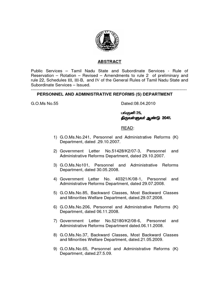 Revised Reservation Roster in Tamil Nadu | PDF