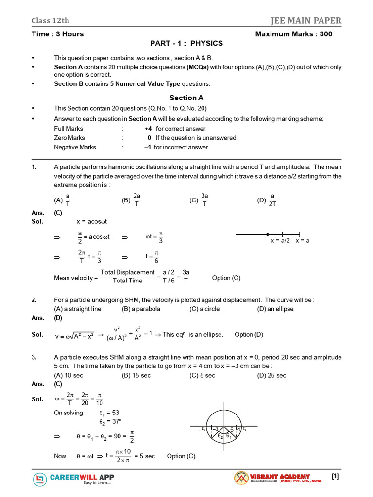 JEE Main Test - 01 (Paper - 01) - Answer Key & Solution Explanation ...