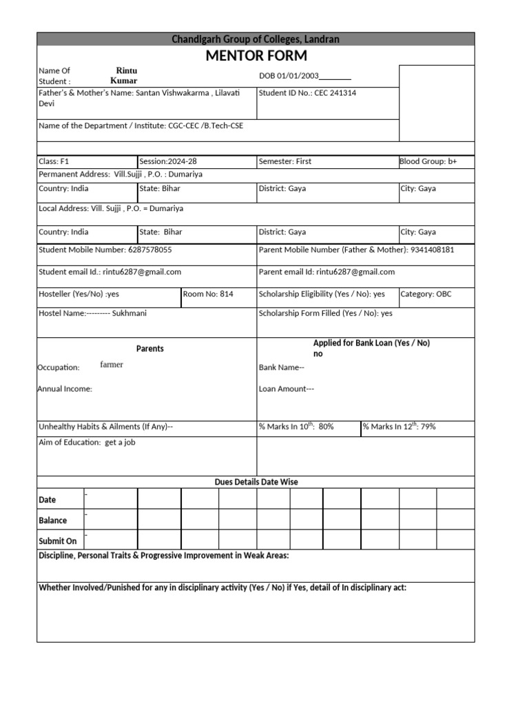 Mentor Form for B.Tech Student Rintu Kumar | PDF | Academic Term ...