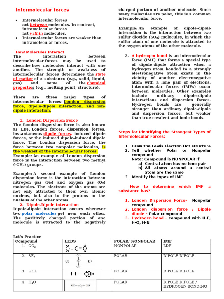 Intermolecular Forces Overview Pdf Intermolecular Force Chemical