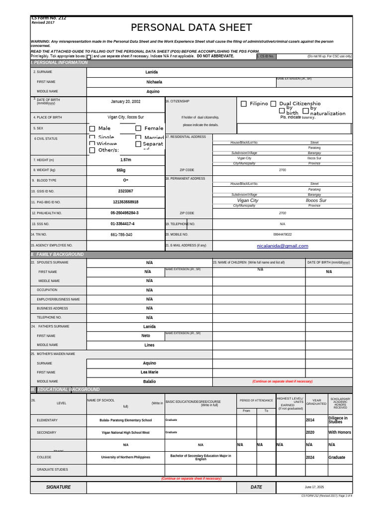 CS Form No. 212 Personal Data Sheet Revised | PDF | Government | Justice