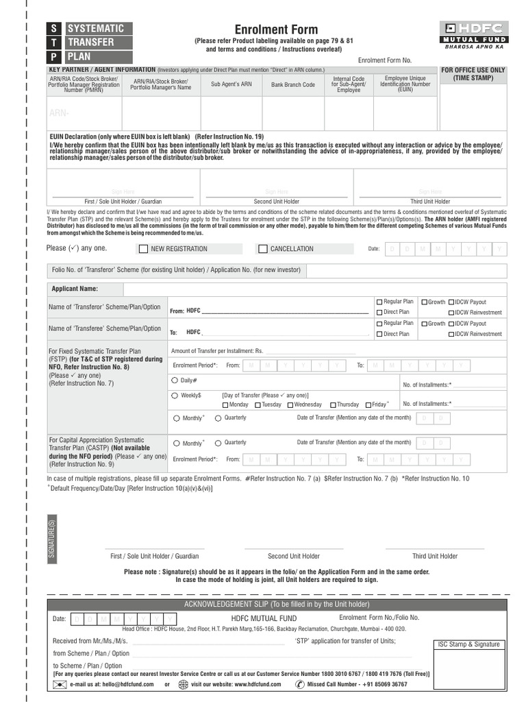 HDFC Mutual Fund STP Enrolment Form | PDF | Securities (Finance ...
