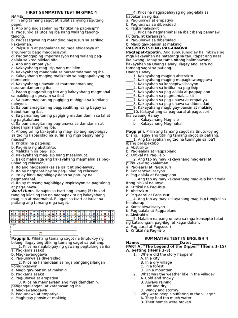 GMRC 4 Quarter 1 Summative Test | PDF | Triangle Geometry | Elementary ...